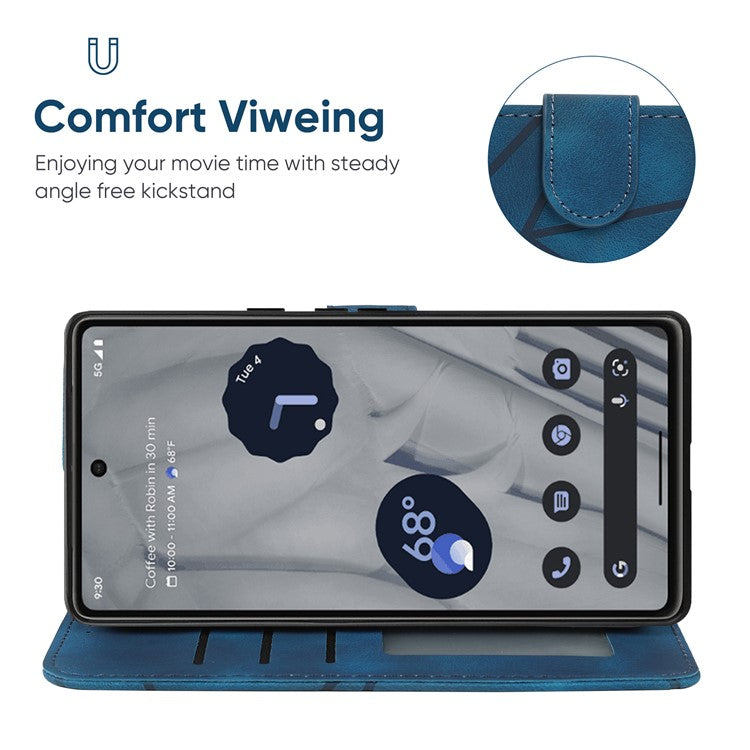 For Google Pixel 8 Case Imprinted Lines Skin-Friendly Flip Leather Phone Cover - Blue