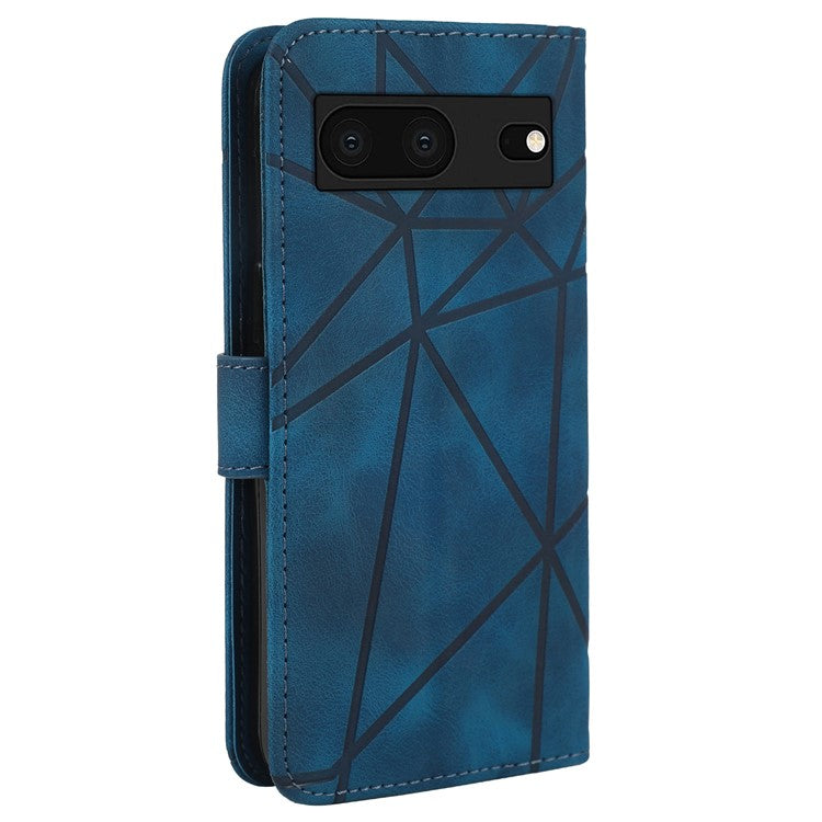 For Google Pixel 8 Case Imprinted Lines Skin-Friendly Flip Leather Phone Cover - Blue