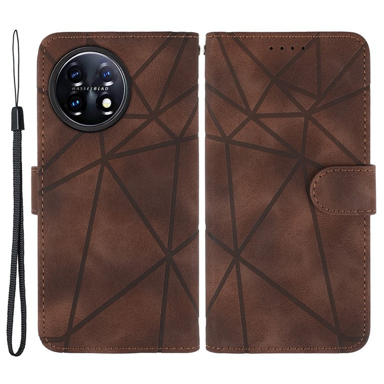 For OnePlus 11 5G Case Line Imprinted Wallet Leather Phone Cover - Brown