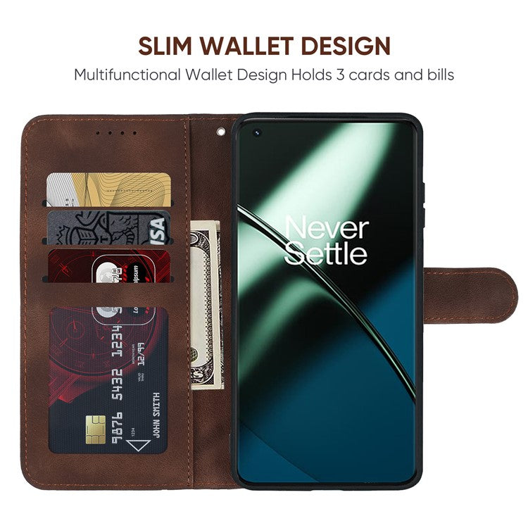 For OnePlus 11 5G Case Line Imprinted Wallet Leather Phone Cover - Brown