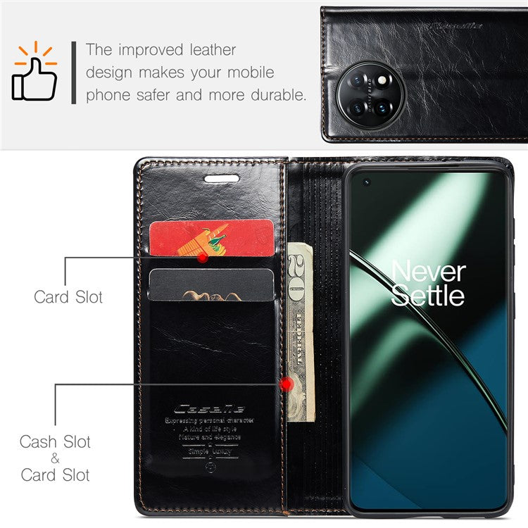 CASEME 003 Series For OnePlus 11 5G Case Leather Phone Cover with Wallet Stand - Black