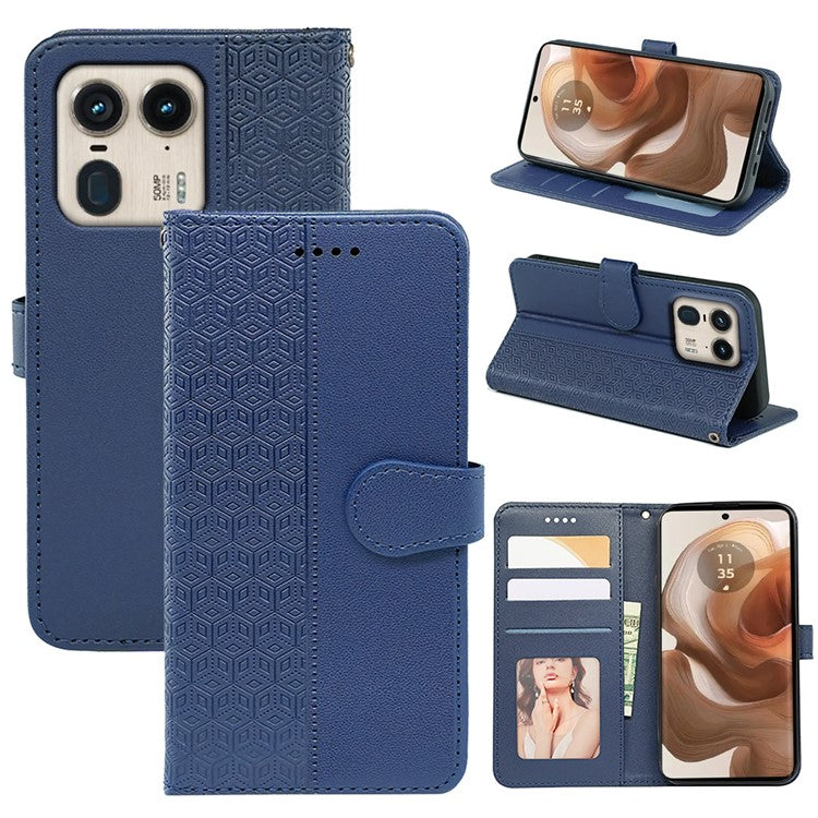For Motorola Edge 50 Ultra 5G / Moto X50 Ultra 5G Phone Case Cubic Grid Imprint PU Leather Folio Flip Cover - Blue