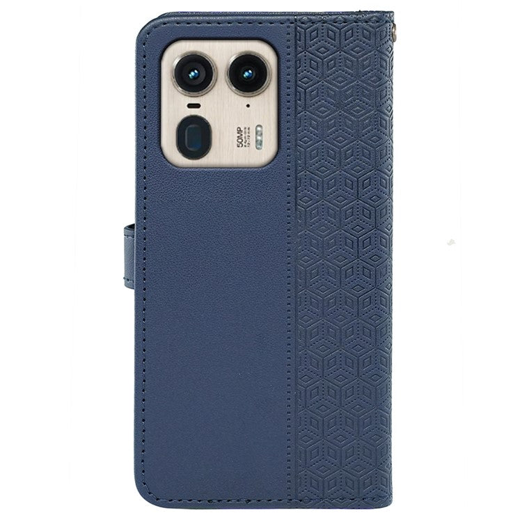 For Motorola Edge 50 Ultra 5G / Moto X50 Ultra 5G Phone Case Cubic Grid Imprint PU Leather Folio Flip Cover - Blue