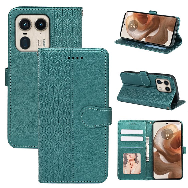 For Motorola Edge 50 Ultra 5G / Moto X50 Ultra 5G Phone Case Cubic Grid Imprint PU Leather Folio Flip Cover - Green