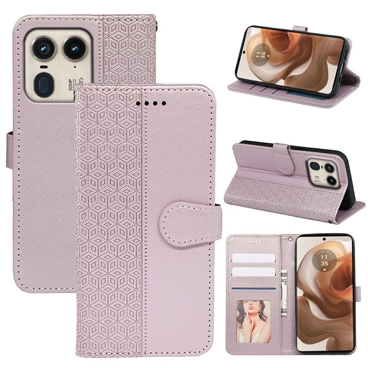 For Motorola Edge 50 Ultra 5G / Moto X50 Ultra 5G Phone Case Cubic Grid Imprint PU Leather Folio Flip Cover - Rose Gold