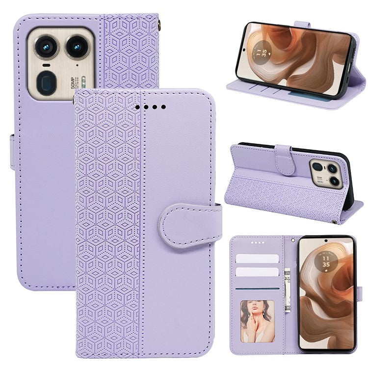 For Motorola Edge 50 Ultra 5G / Moto X50 Ultra 5G Phone Case Cubic Grid Imprint PU Leather Folio Flip Cover - Purple