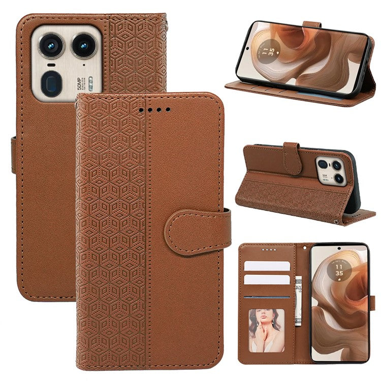 For Motorola Edge 50 Ultra 5G / Moto X50 Ultra 5G Phone Case Cubic Grid Imprint PU Leather Folio Flip Cover - Brown