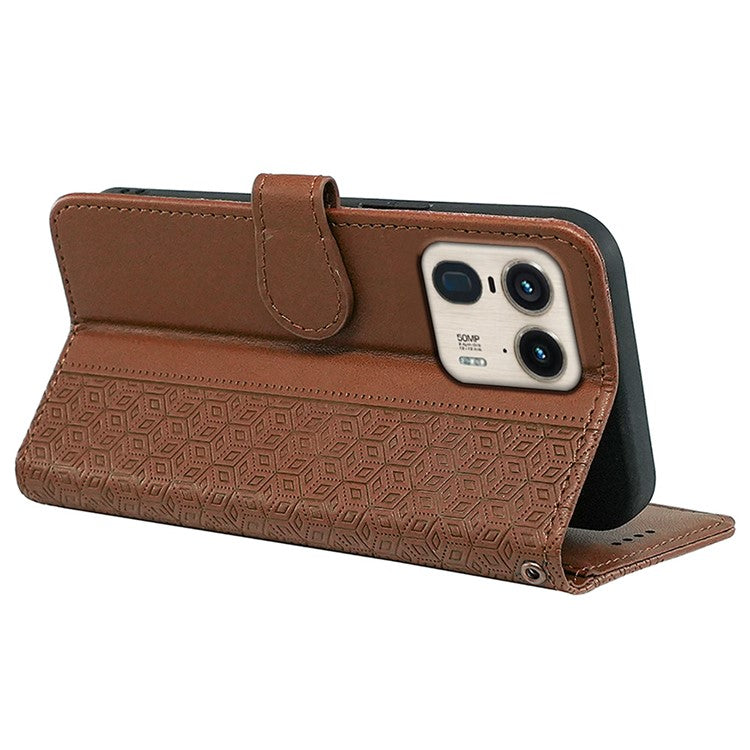 For Motorola Edge 50 Ultra 5G / Moto X50 Ultra 5G Phone Case Cubic Grid Imprint PU Leather Folio Flip Cover - Brown