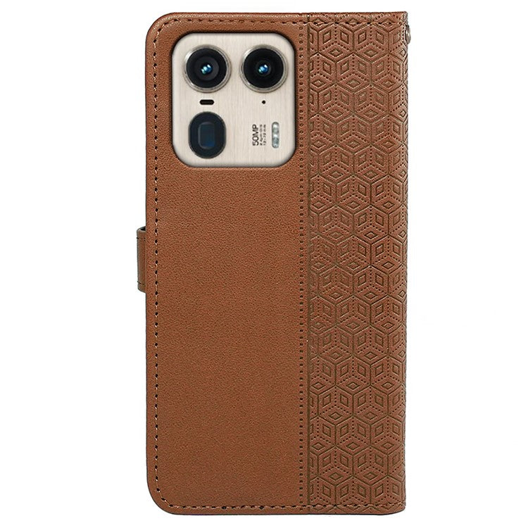 For Motorola Edge 50 Ultra 5G / Moto X50 Ultra 5G Phone Case Cubic Grid Imprint PU Leather Folio Flip Cover - Brown
