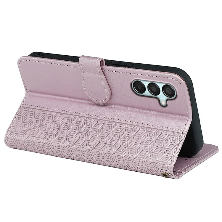 For Samsung Galaxy M15 5G / F15 5G Phone Case Cubic Grid Imprint PU Leather Wallet Cover - Rose Gold