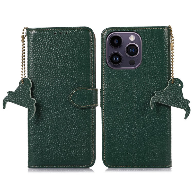 For iPhone 16 Pro Case RFID Blocking Genuine Cow Leather Phone Cover Wallet Litchi Texture - Green