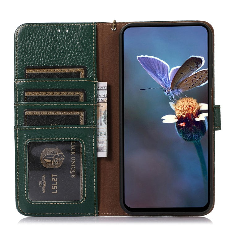 For iPhone 16 Pro Case RFID Blocking Genuine Cow Leather Phone Cover Wallet Litchi Texture - Green