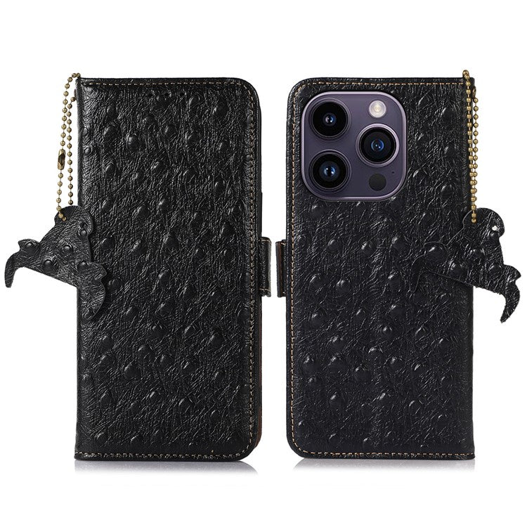 For iPhone 16 Pro Case Ostrich Texture Genuine Cow Leather Phone Cover RFID Blocking - Black
