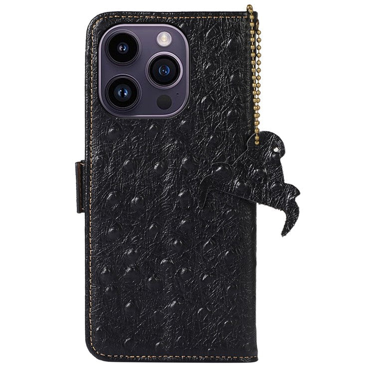 For iPhone 16 Pro Case Ostrich Texture Genuine Cow Leather Phone Cover RFID Blocking - Black
