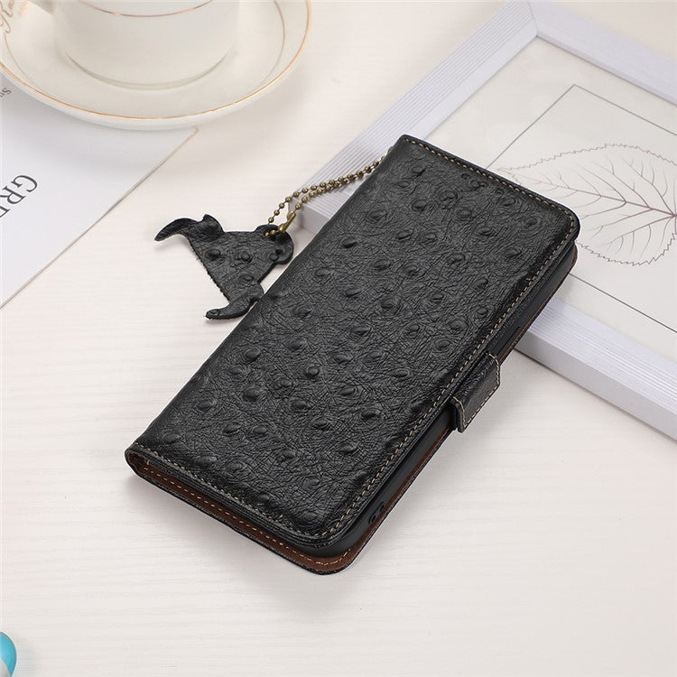 For iPhone 16 Pro Case Ostrich Texture Genuine Cow Leather Phone Cover RFID Blocking - Black