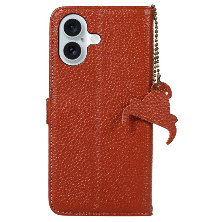 For iPhone 16 Wallet Case Genuine Cow Leather Phone Cover RFID Blocking Litchi Grain - Brown