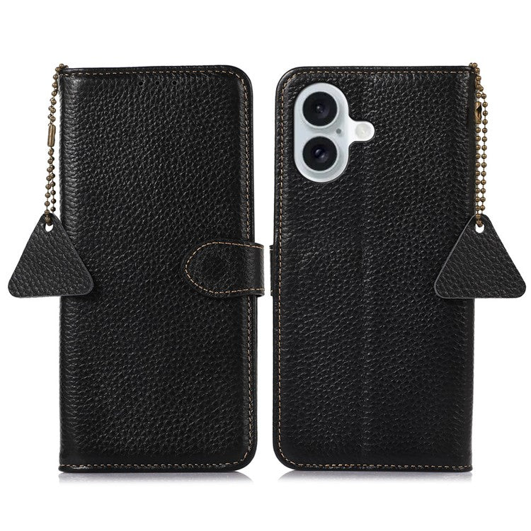 For iPhone 16 Plus Case Genuine Cow Leather Litchi Texture Phone Cover RFID Blocking Flip Stand - Black