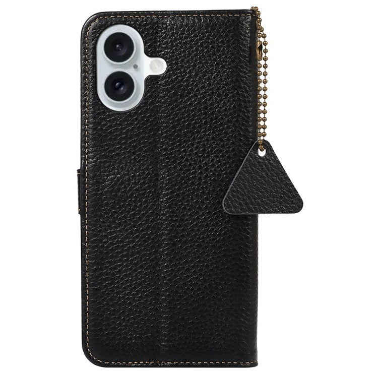 For iPhone 16 Plus Case Genuine Cow Leather Litchi Texture Phone Cover RFID Blocking Flip Stand - Black