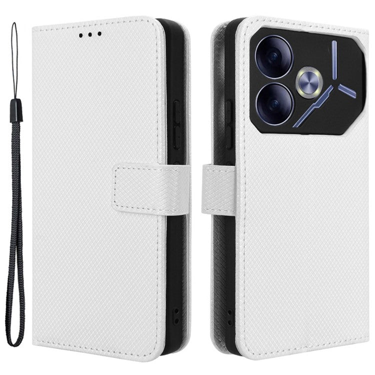 For TECNO Pova 6 4G Protective Case Diamond Texture Leather Phone Cover with Wallet - White