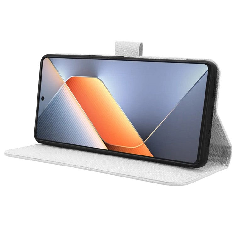 For TECNO Pova 6 4G Protective Case Diamond Texture Leather Phone Cover with Wallet - White