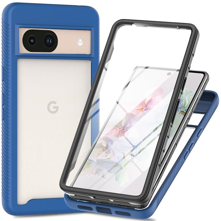 For Google Pixel 8a Case PC+TPU Clear Phone Cover with PET Screen Film All-Around Protection - Dark Blue