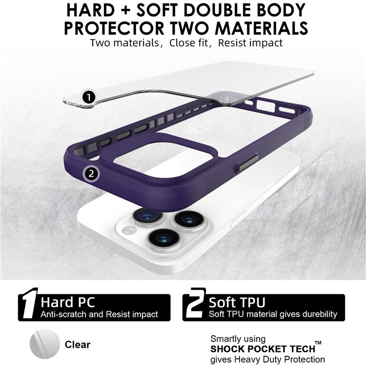 Combat X Mode Series for iPhone 16 Pro Case TPU Frame Clear PC Back Phone Cover - Purple