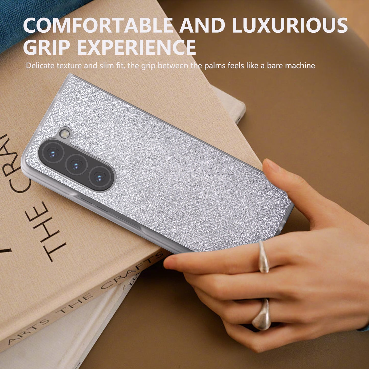 For Samsung Galaxy Z Fold6 5G Case Leather+PC Phone Cover Rhinestone Texture - Silver