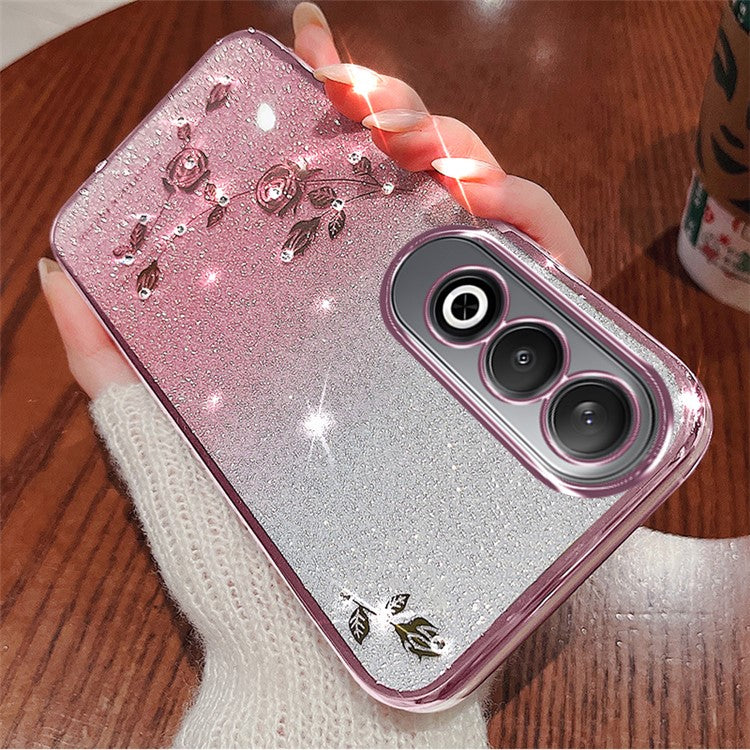 KADEM For OnePlus Nord CE4 5G TPU Case Flower Gradient Color Glitter Cover with Lanyard - Rose Gold