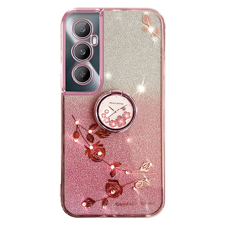 KADEM For Realme C65 4G Case TPU Gradient Flowers Mobile Phone Cover Anti-Drop Kickstand - Rose Gold