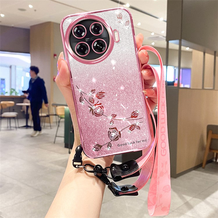 KADEM For TECNO Spark 20 Pro+ Case Flower Glitter Soft TPU Cover with Lanyard - Rose Gold