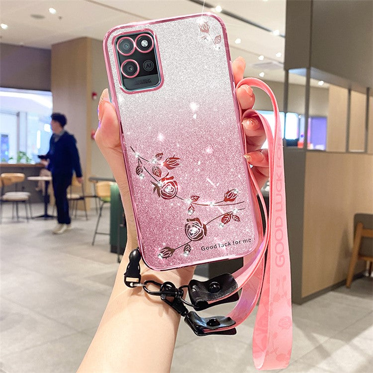 KADEM For Realme V11 5G Case Flower Glitter Soft TPU Cover with Lanyard - Rose Gold
