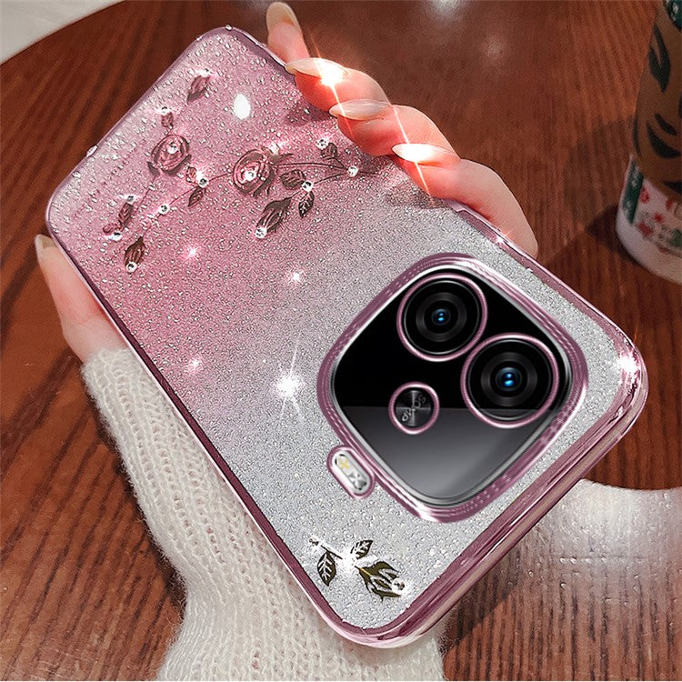 KADEM For vivo iQOO Z9 Turbo 5G Slim Case Flower Glitter Soft TPU Cover with Lanyard - Rose Gold