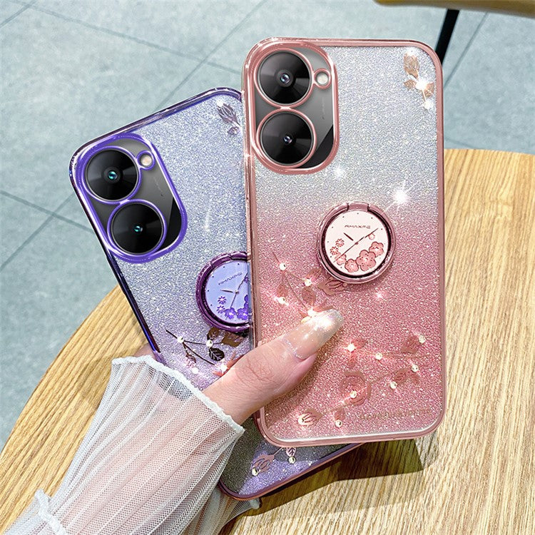 KADEM For Realme V30 5G / V30t Case Floral Glitter Rhinestone TPU Phone Shell with Kickstand - Rose Gold