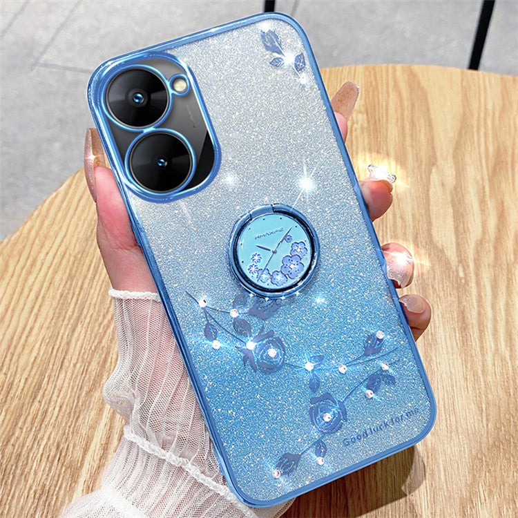 KADEM For Realme V30 5G / V30t Case Floral Glitter Rhinestone TPU Phone Shell with Kickstand - Blue