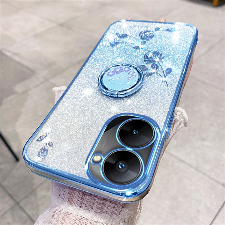 KADEM For Realme V30 5G / V30t Case Floral Glitter Rhinestone TPU Phone Shell with Kickstand - Blue