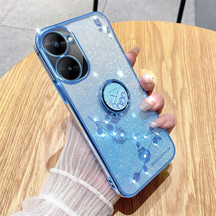 KADEM For Realme V30 5G / V30t Case Floral Glitter Rhinestone TPU Phone Shell with Kickstand - Blue