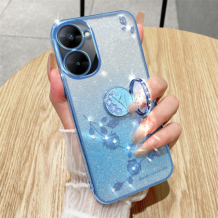 KADEM For Realme V30 5G / V30t Case Floral Glitter Rhinestone TPU Phone Shell with Kickstand - Blue