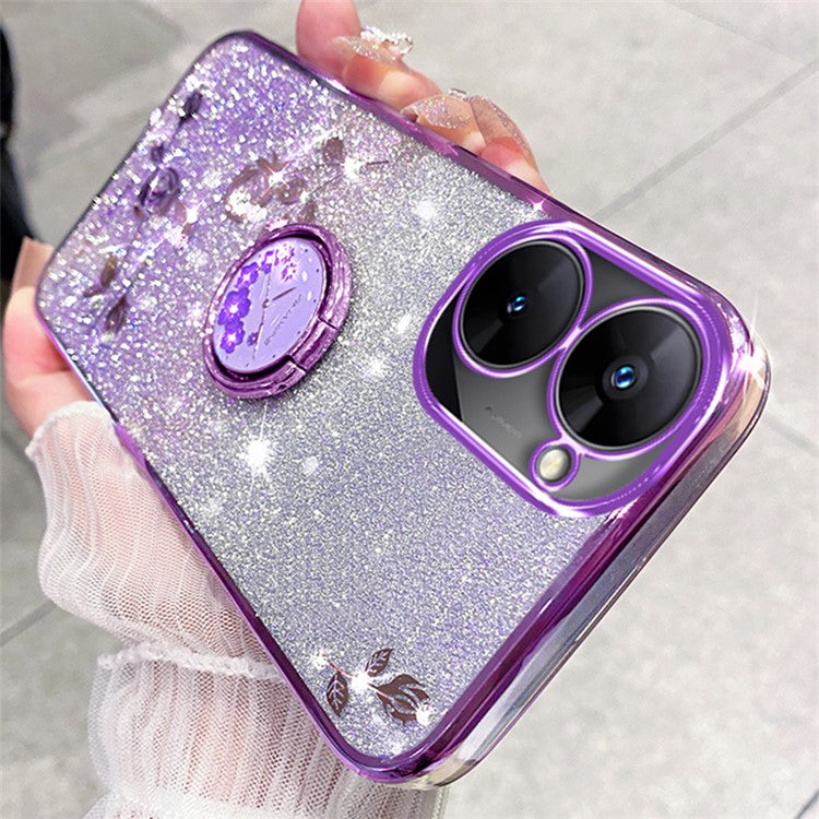 KADEM For Realme V30 5G / V30t Case Floral Glitter Rhinestone TPU Phone Shell with Kickstand - Purple