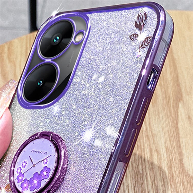 KADEM For Realme V30 5G / V30t Case Floral Glitter Rhinestone TPU Phone Shell with Kickstand - Purple