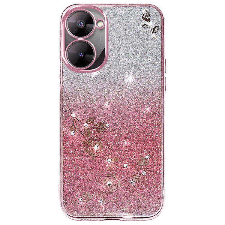 KADEM For Realme V30 5G / V30t Case Floral TPU Phone Cover Glitter Rhinestone Decor - Rose Gold