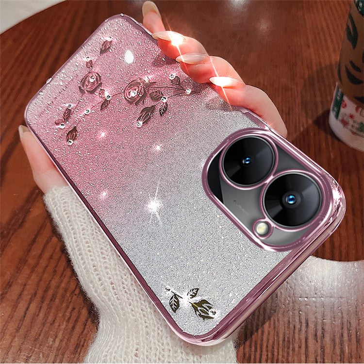KADEM For Realme V30 5G / V30t Case Floral TPU Phone Cover Glitter Rhinestone Decor - Rose Gold