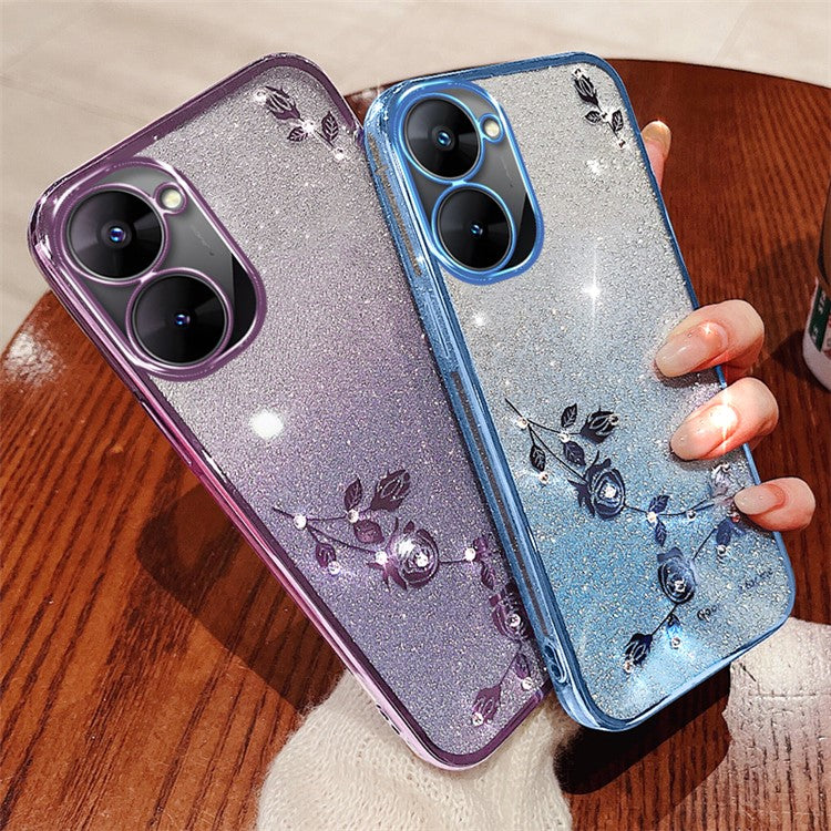 KADEM For Realme V30 5G / V30t Case Floral TPU Phone Cover Glitter Rhinestone Decor - Blue