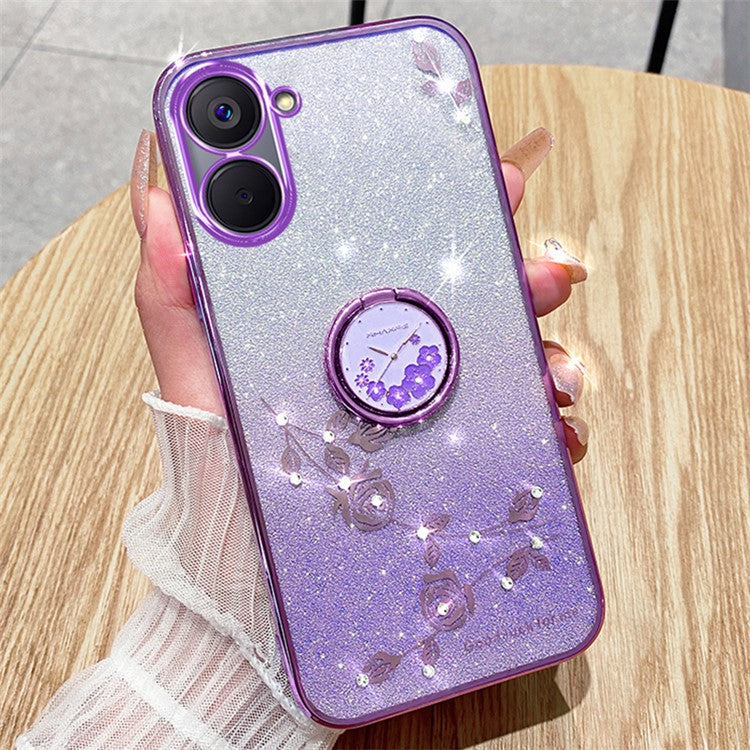 KADEM For Realme V20 5G Kickstand Case Soft TPU Phone Cover Floral Glitter Rhinestone Decor - Purple