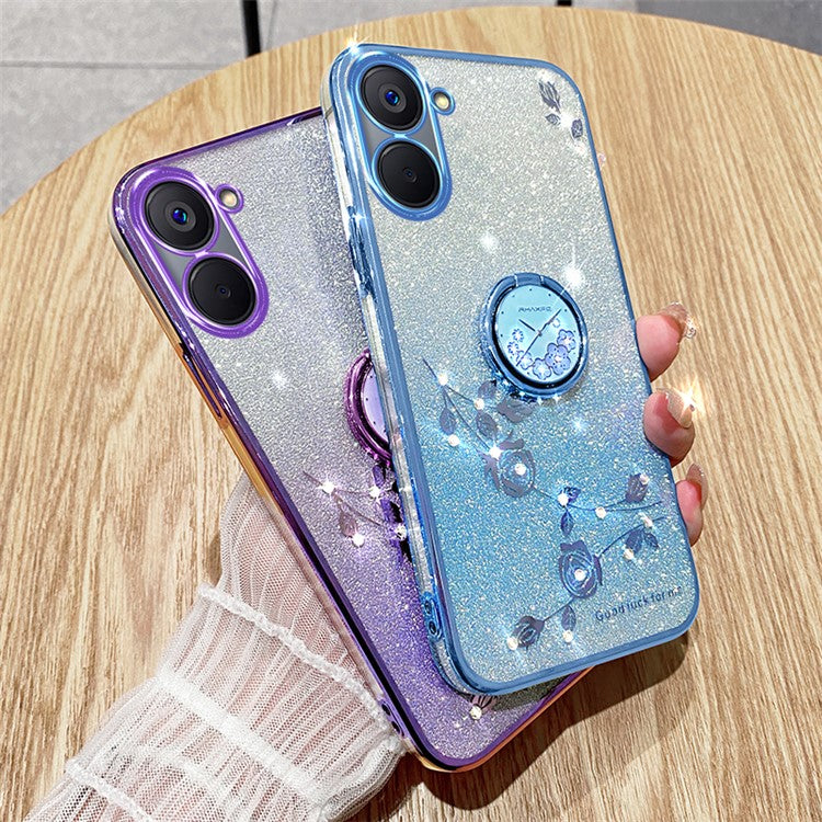 KADEM For Realme V20 5G Kickstand Case Soft TPU Phone Cover Floral Glitter Rhinestone Decor - Purple