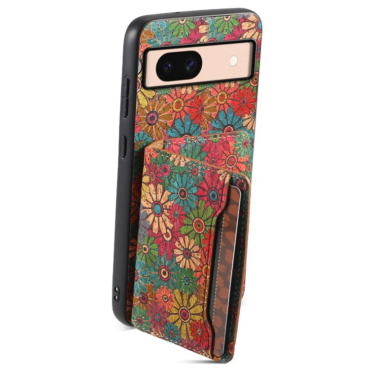 For Google Pixel 8a Case Leather Card Holder Phone Cover Floral Flower Pattern - Spring / Green