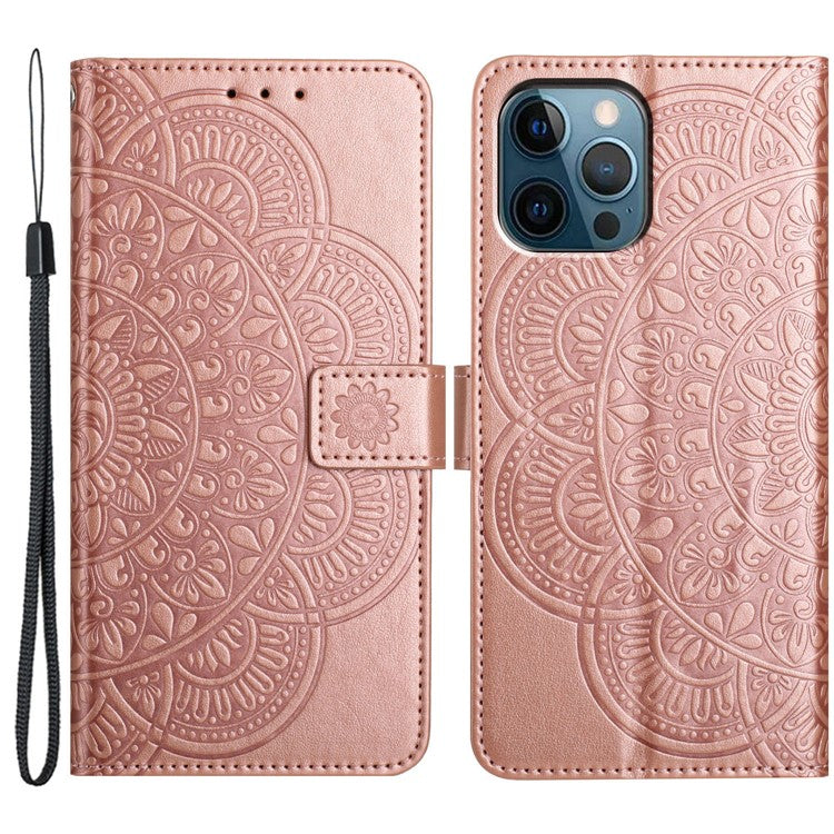 For iPhone 16 Pro Case PU Leather Stand Wallet Phone Cover Mandala Imprinted - Rose Gold