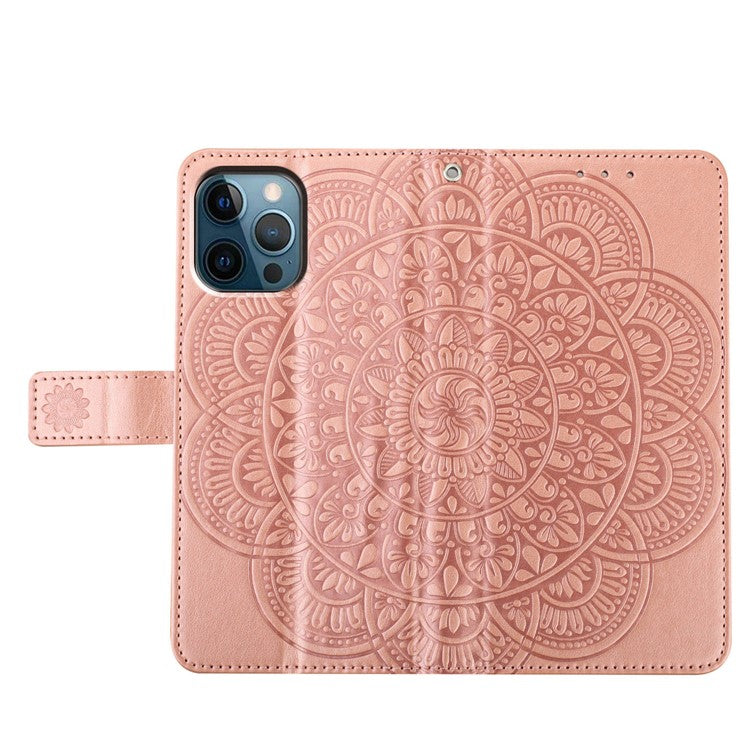 For iPhone 16 Pro Case PU Leather Stand Wallet Phone Cover Mandala Imprinted - Rose Gold