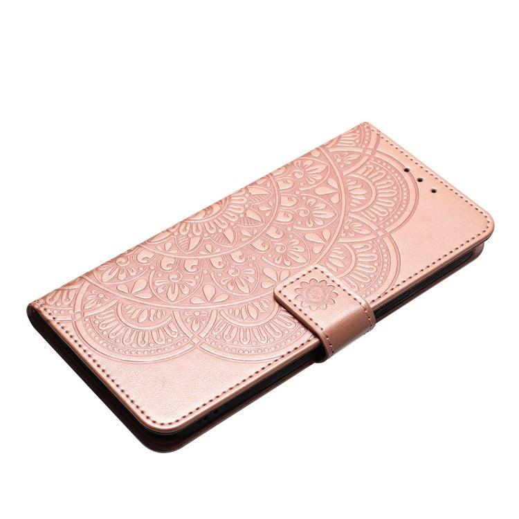 For iPhone 16 Pro Case PU Leather Stand Wallet Phone Cover Mandala Imprinted - Rose Gold