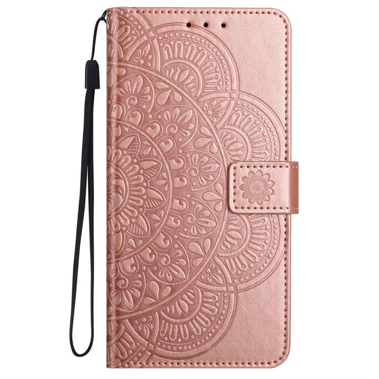 For iPhone 16 Pro Case PU Leather Stand Wallet Phone Cover Mandala Imprinted - Rose Gold