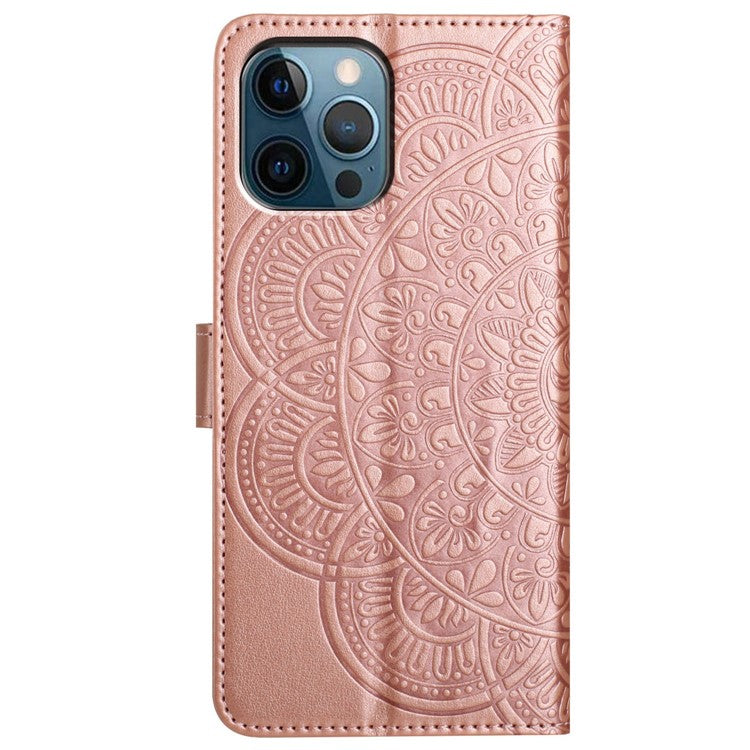 For iPhone 16 Pro Case PU Leather Stand Wallet Phone Cover Mandala Imprinted - Rose Gold
